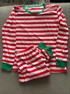 Unisex Red & White Striped Christmas Pajama Set with Green Trim